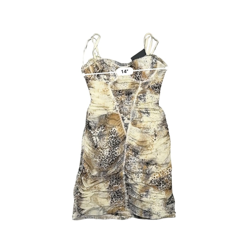 Vintage Y2K Leopard Mesh Ruched Bodycon Mini Dress Spaghetti Strap Prom Party S - Picture 12 of 14